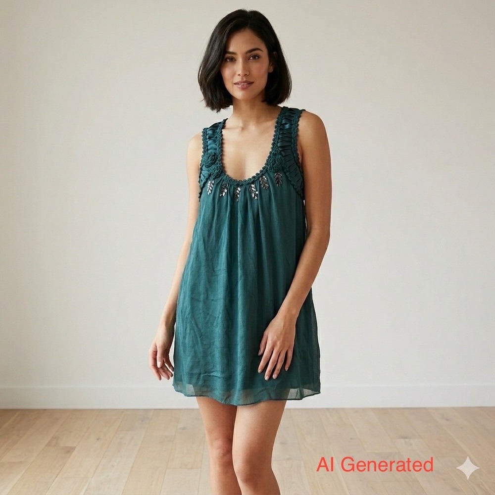 Max Studio Silk Sleeveless Dress Womens XS Teal Green Crochet Sequin Party Boho